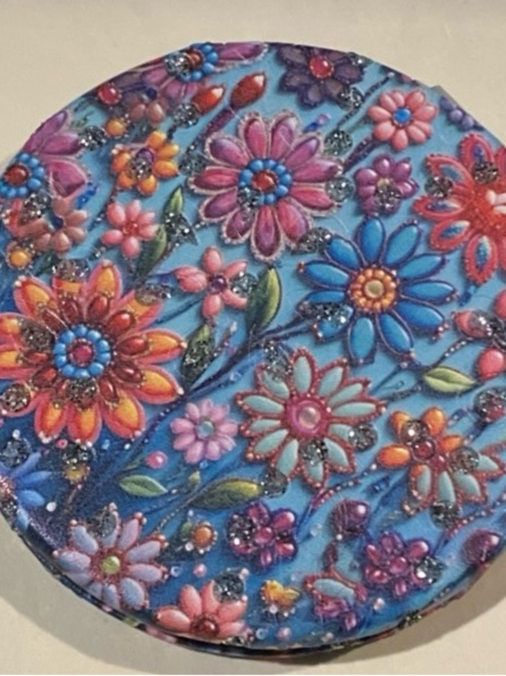 Vibrant Multi Color Floral Round Compact Mirror with Clear Crystals